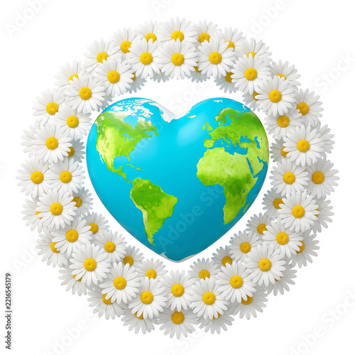 Heart Shaped Earth Surrounded by Daisy Flower Garland on Transparent Background