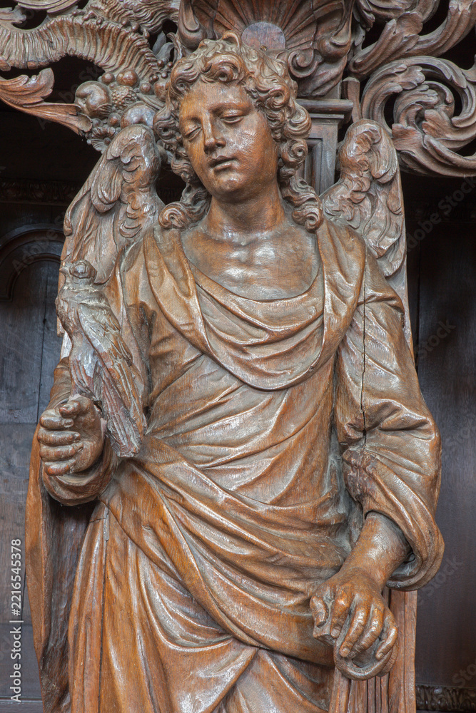 Fototapeta premium Leuven - The Carved angel as symbol of virtuousness form St. Michaels church (Michelskerk) 