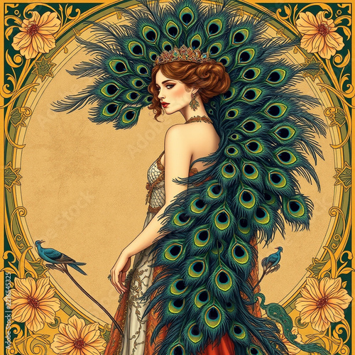 Art Nouveau peacock queen illustration with feather fan