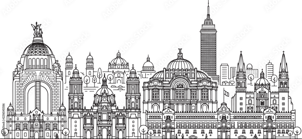 Obraz premium Generic urban skyline silhouette with historical architecture and modern skyscrapers in a clean linear vector art style