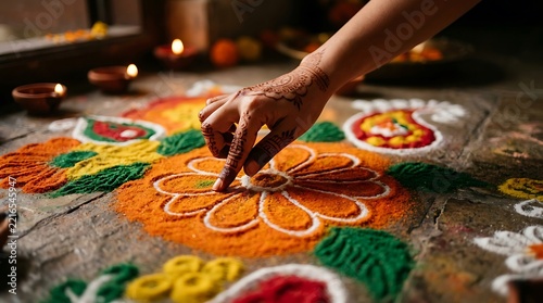 Woman's Hand with Henna Creating Colorful Rangoli for Diwali Festival