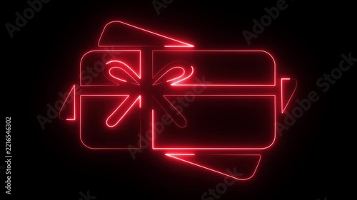 A red glowing neon-style gift box icon with a bow on a black background.