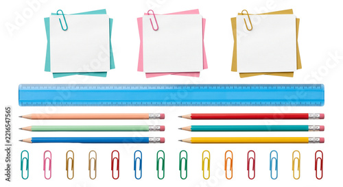 Office Supplies: Pencils, Ruler, Paper Notes & Paperclips Isolated