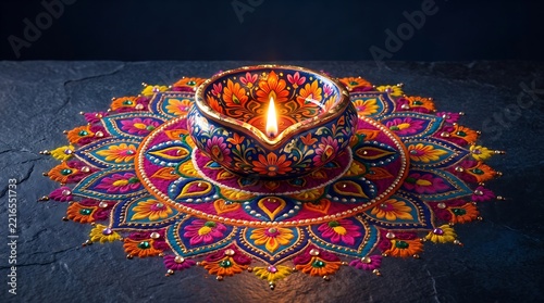 Diwali lamp glowing on a colorful rangoli pattern during festive celebrations with warm light