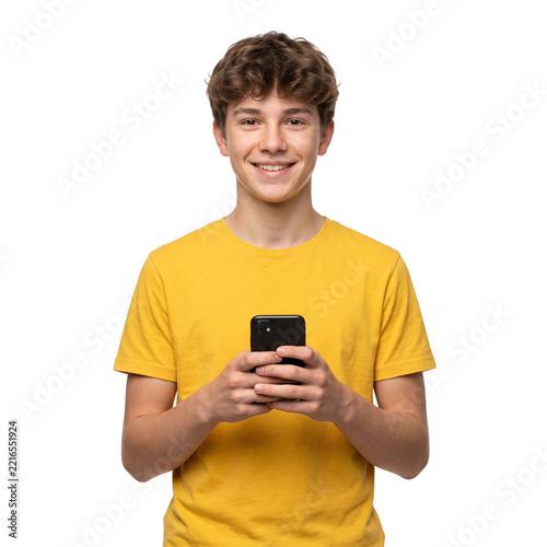 Smiling Teenager Boy Holding Smartphone, Isolated on Transparent Background