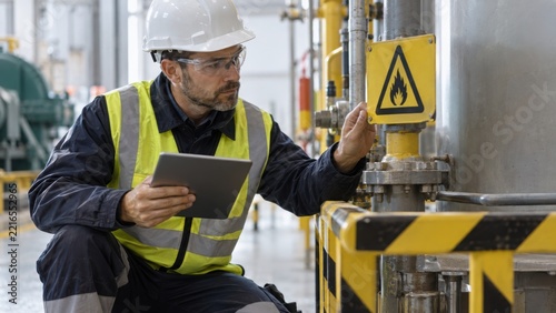 Warehouse supervisor inspecting a hazard area in energy facility