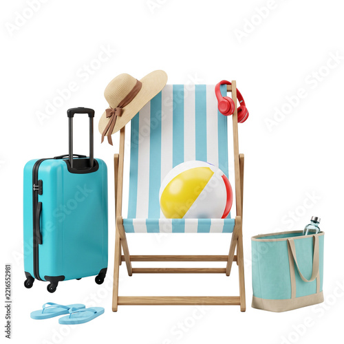 Summer Vacation Beach Gear Isolated - Suitcase, Deck Chair, Hat, Ball, Bag