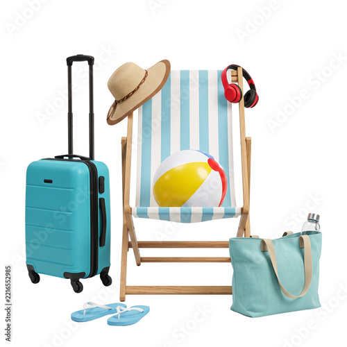 Summer Vacation Essentials: Beach Chair, Suitcase, Hat, Ball, Headphones, Bag
