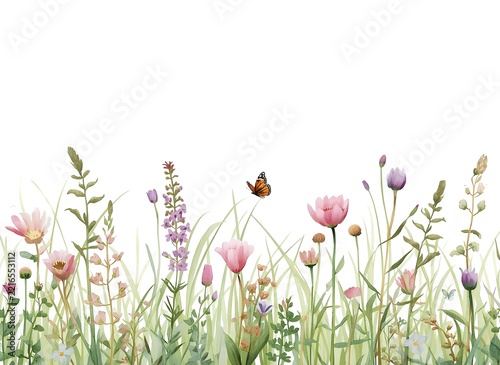 Tall Watercolor Wildflowers with Lavender and Butterfly