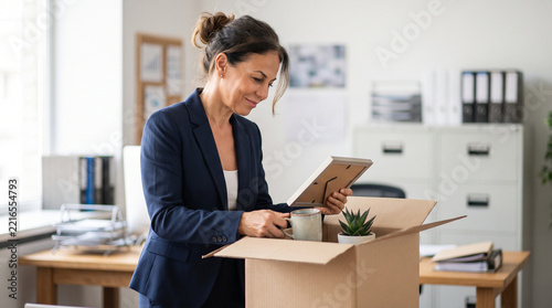 A woman gathers her belongings from her desk on her last day at the office before retiring.