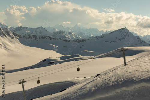 Sunset on Mount Elbrus, view of the mountains and the cable car, Russia