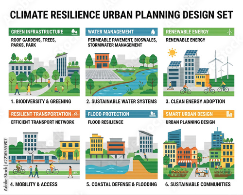 Urban Climate Resilience Planning Design Set with Sustainable Infrastructure and Green Energy Solutions.