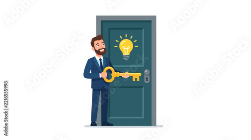 Successful businessman holding golden key to unlock door with lightbulb icon for innovation flat vector illustration.