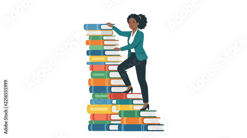 Successful black woman professional climbing a tall stack of books for career growth flat vector illustration