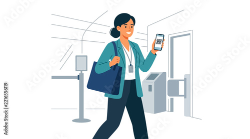 Young businesswoman showing smartphone QR code for secure office building entry flat vector illustration