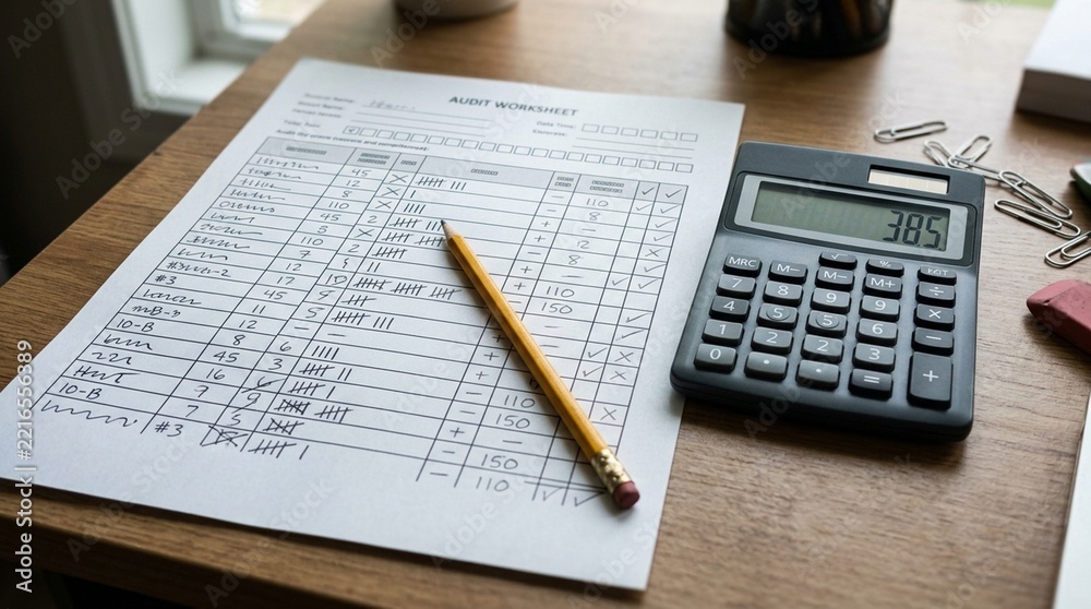Obraz premium Sampling worksheet beside calculator on desk, quality sampling and inventory statistics