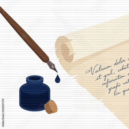 Vintage Ink Bottle and Quill Pen with Old Manuscript.