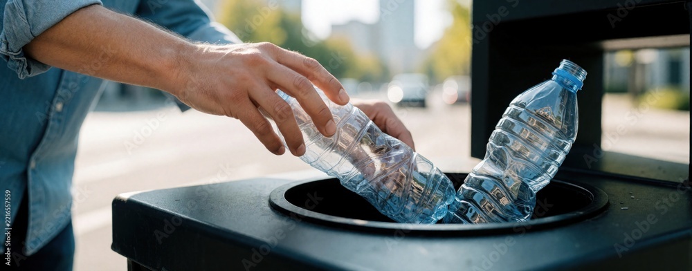 Naklejka premium Man puts crushed plastic bottles into recycling bin outdoors. Person practices waste management to protect nature, reduce pollution. Close up of hands disposing of PET waste in street rubbish for eco