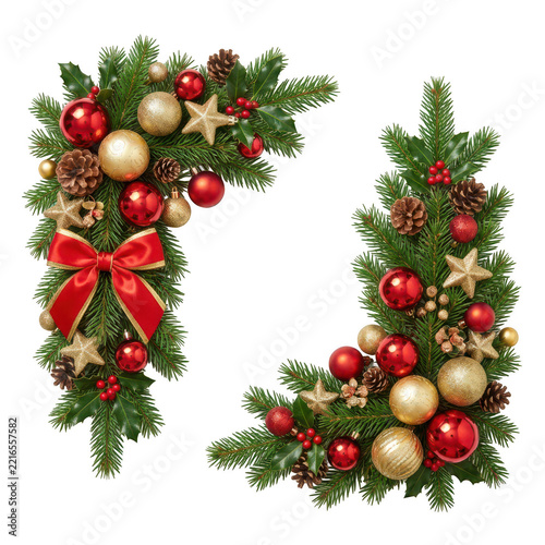 Christmas festive corner decorations with ornaments isolated on transparent background