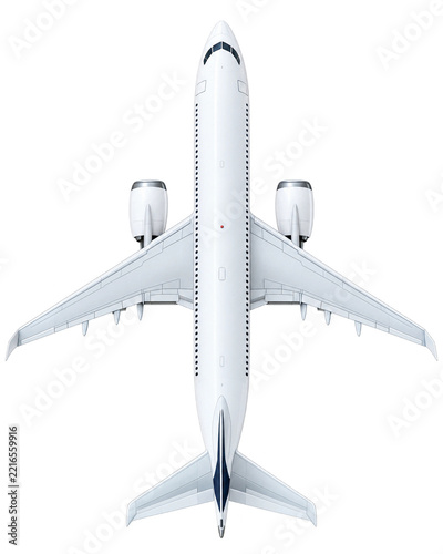 Passenger airplane top view isolated on transparent background for air travel aviation and flight transport