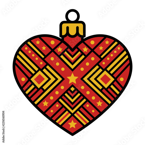 Red heart shaped christmas bauble with geometric gold patterns