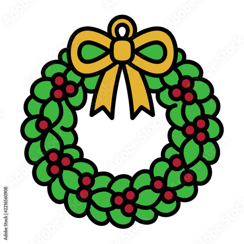 Christmas wreath with green leaves and yellow bow on white background