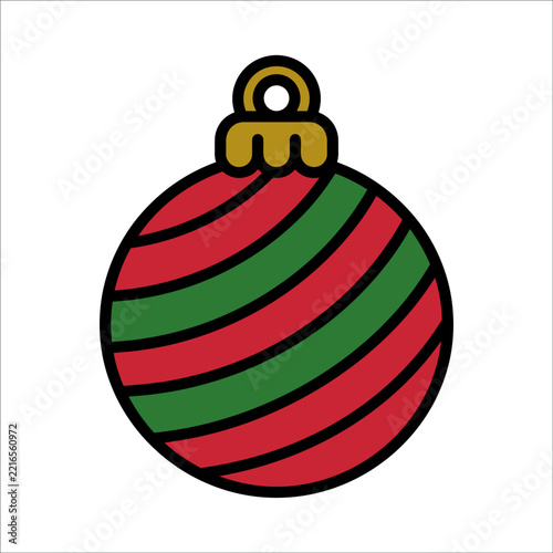Striped red and green christmas bauble icon on white background