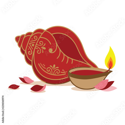  Decorative red Sankha conch shell with glowing Diya oil lamp vector illustration.