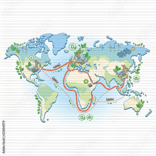 World Map Illustration with Environmental and Travel Icons.