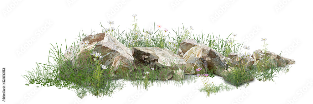 Naklejka premium Sharp high-resolution natural landscape with rocks, green grass, and delicate wildflowers isolated on white.