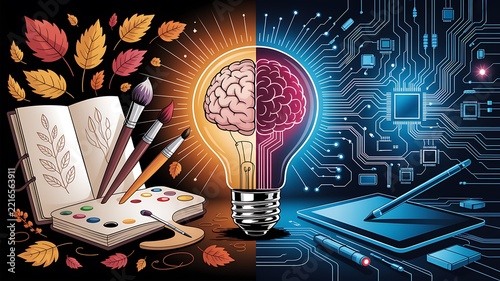Creative artificial intelligence concept combining human creativity brain technology and digital innovation