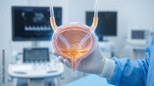 Medical visualization of a urinary bladder held by a surgeon in a clinical setting, illustrating bladder anatomy, urology, diagnosis, and treatment.