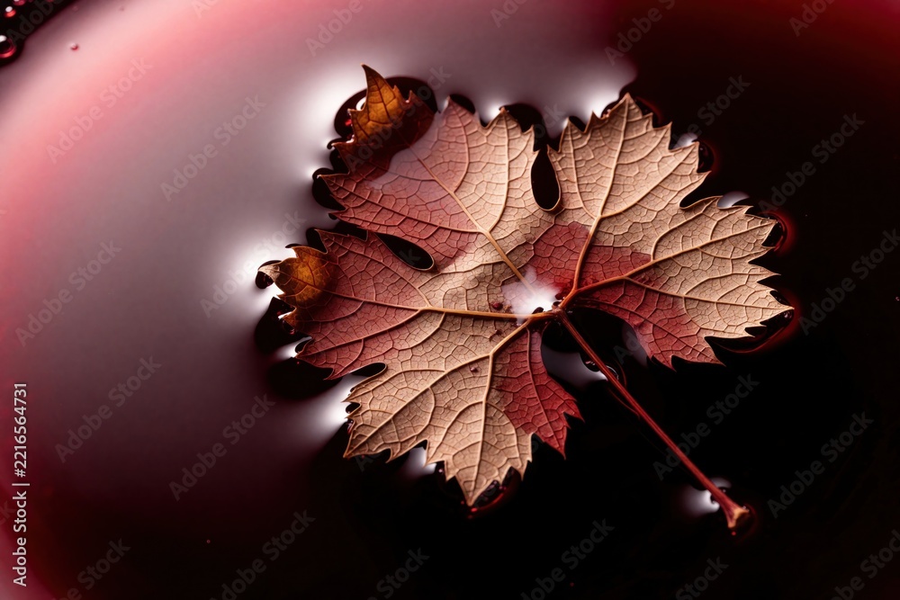 Fototapeta premium Brown grape leaf floats on surface of ruby red wine. Autumn harvest concept with organic vine foliage in liquid alcohol. Close up macro view of wine texture, dried leaf during fall season. Elegant