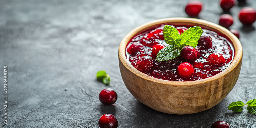 Fototapeta premium Fresh cranberry sauce in a wooden bowl with mint leaves and fresh berries on a dark rustic background. Traditional holiday side dish for thanksgiving and christmas dinner celebration meals festive tab