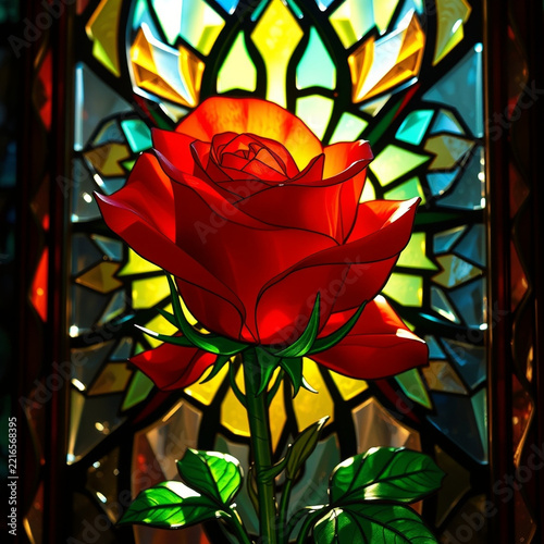Red rose intricate illuminated stained glass artwork