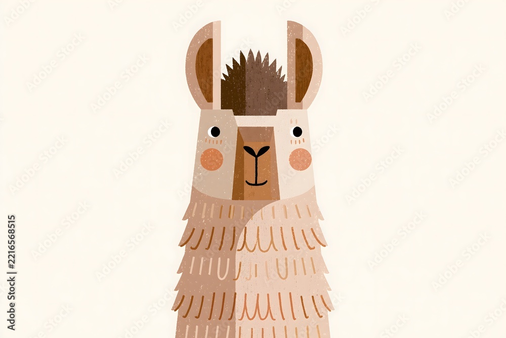 Fototapeta premium Cute llama portrait in textured folk art style. Stylized llama character with a geometric ethnic pattern. Serene sleeping llama portrait with a leaf headband and a colorful sweater pattern