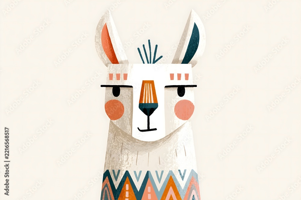 Fototapeta premium Cute llama portrait in textured folk art style. Stylized llama character with a geometric ethnic pattern. Serene sleeping llama portrait with a leaf headband and a colorful sweater pattern