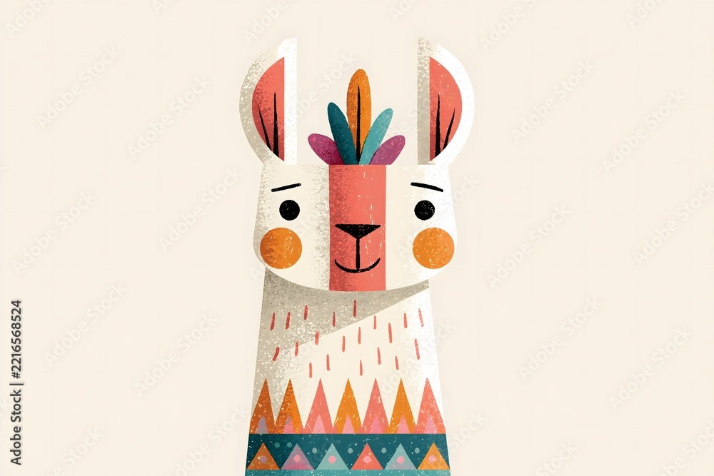 Fototapeta premium Cute llama portrait in textured folk art style. Stylized llama character with a geometric ethnic pattern. Serene sleeping llama portrait with a leaf headband and a colorful sweater pattern