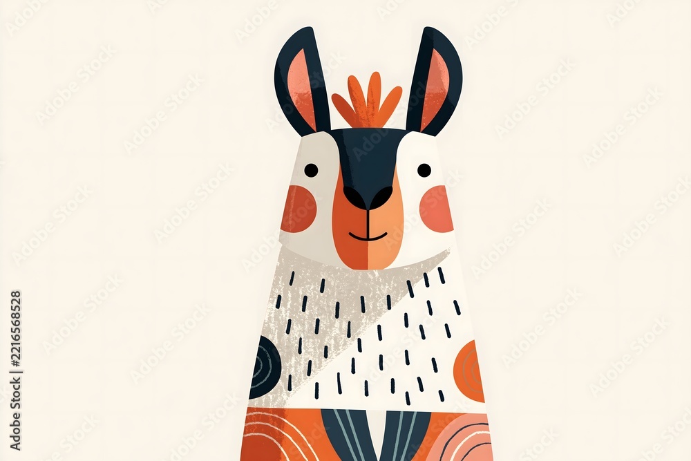 Fototapeta premium Cute llama portrait in textured folk art style. Stylized llama character with a geometric ethnic pattern. Serene sleeping llama portrait with a leaf headband and a colorful sweater pattern