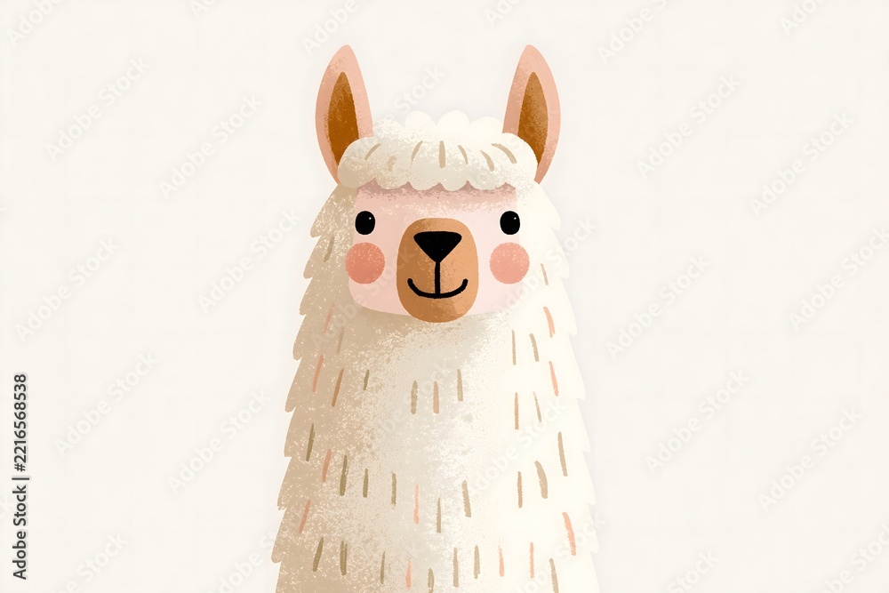 Fototapeta premium Cute llama portrait in textured folk art style. Stylized llama character with a geometric ethnic pattern. Serene sleeping llama portrait with a leaf headband and a colorful sweater pattern