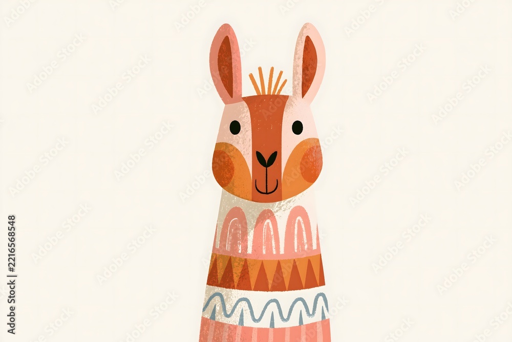 Fototapeta premium Cute llama portrait in textured folk art style. Stylized llama character with a geometric ethnic pattern. Serene sleeping llama portrait with a leaf headband and a colorful sweater pattern