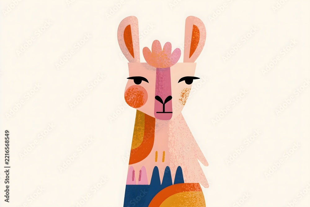 Fototapeta premium Cute llama portrait in textured folk art style. Stylized llama character with a geometric ethnic pattern. Serene sleeping llama portrait with a leaf headband and a colorful sweater pattern