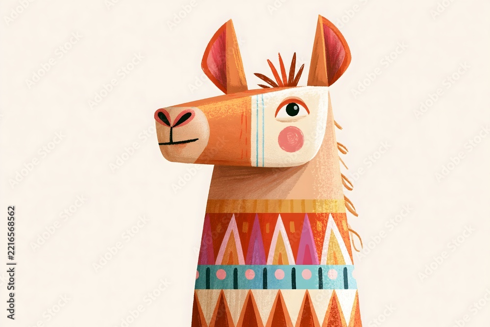 Fototapeta premium Cute llama portrait in textured folk art style. Stylized llama character with a geometric ethnic pattern. Serene sleeping llama portrait with a leaf headband and a colorful sweater pattern