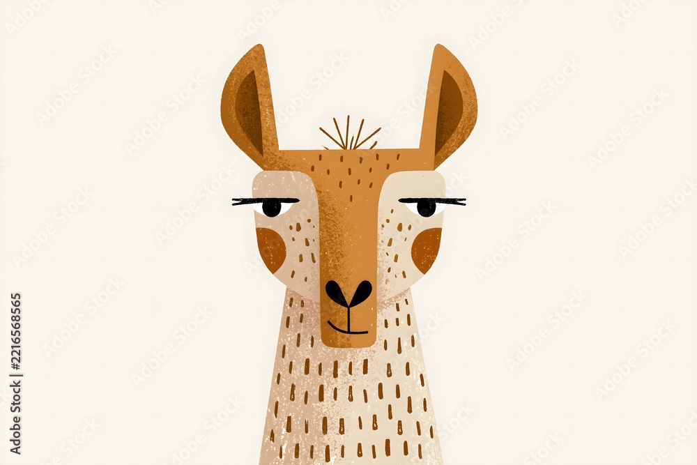 Fototapeta premium Cute llama portrait in textured folk art style. Stylized llama character with a geometric ethnic pattern. Serene sleeping llama portrait with a leaf headband and a colorful sweater pattern