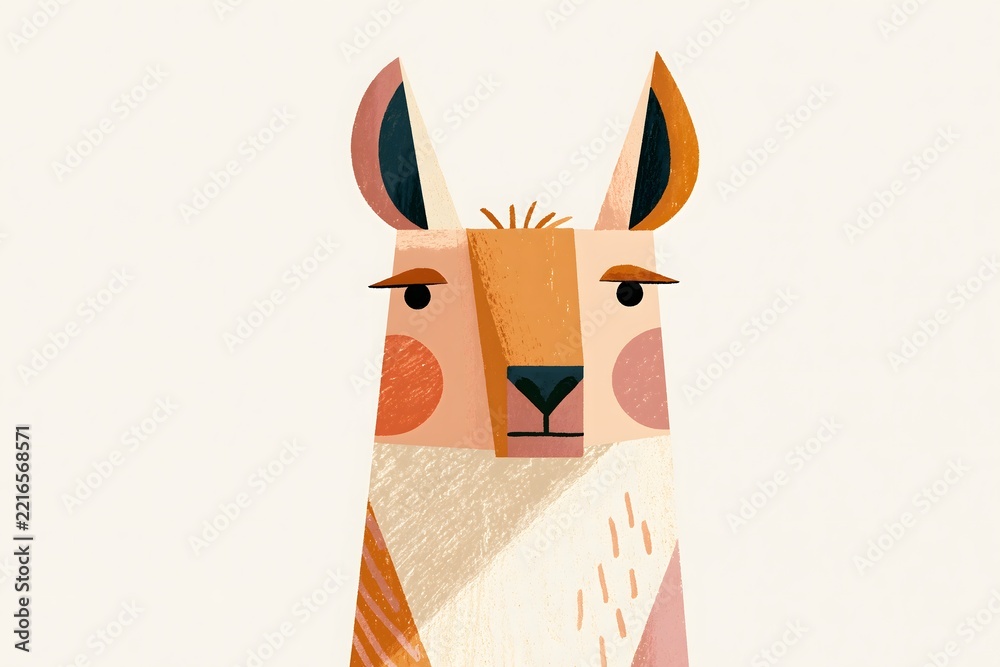 Fototapeta premium Cute llama portrait in textured folk art style. Stylized llama character with a geometric ethnic pattern. Serene sleeping llama portrait with a leaf headband and a colorful sweater pattern