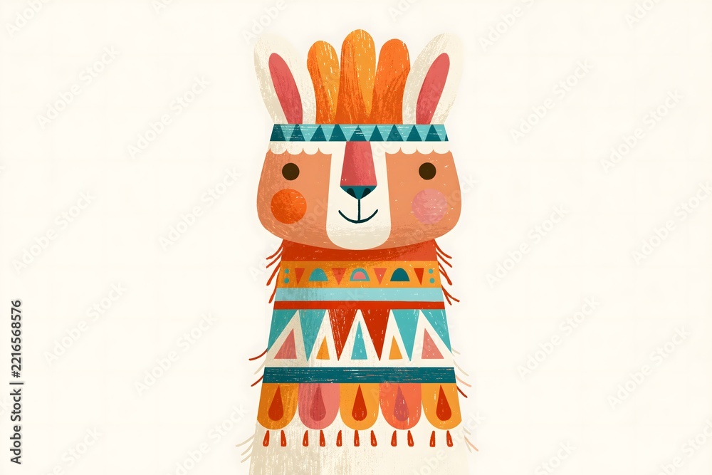 Fototapeta premium Cute llama portrait in textured folk art style. Stylized llama character with a geometric ethnic pattern. Serene sleeping llama portrait with a leaf headband and a colorful sweater pattern