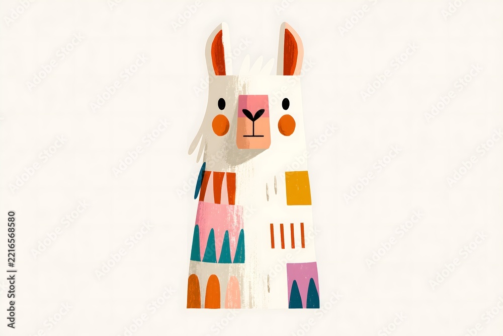 Fototapeta premium Cute llama portrait in textured folk art style. Stylized llama character with a geometric ethnic pattern. Serene sleeping llama portrait with a leaf headband and a colorful sweater pattern