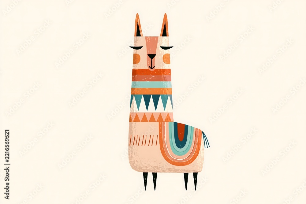 Fototapeta premium Whimsical folk art llama illustration with geometric saddle. Abstract geometric llama character graphic. Soft neutral folk art llama print. Vibrant folk pattern llama illustration