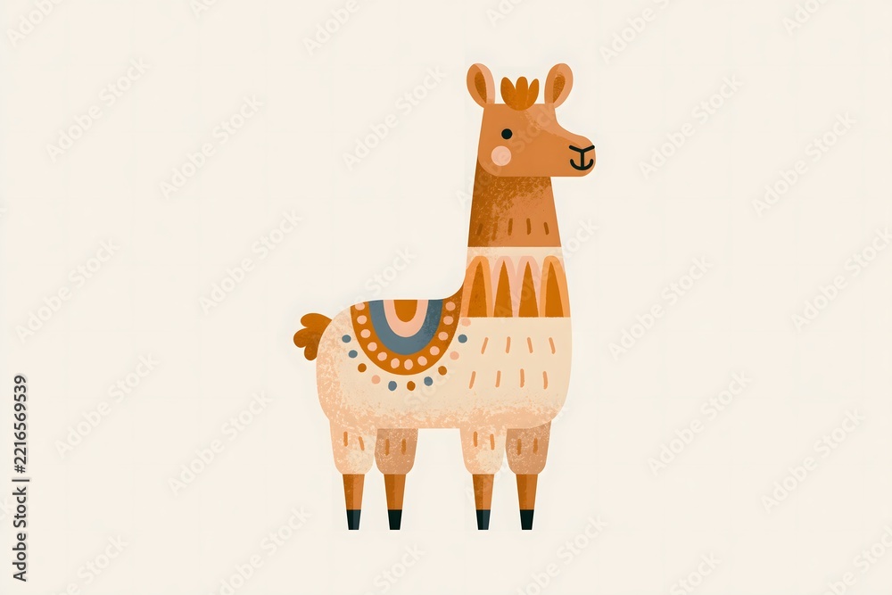 Fototapeta premium Whimsical folk art llama illustration with geometric saddle. Abstract geometric llama character graphic. Soft neutral folk art llama print. Vibrant folk pattern llama illustration
