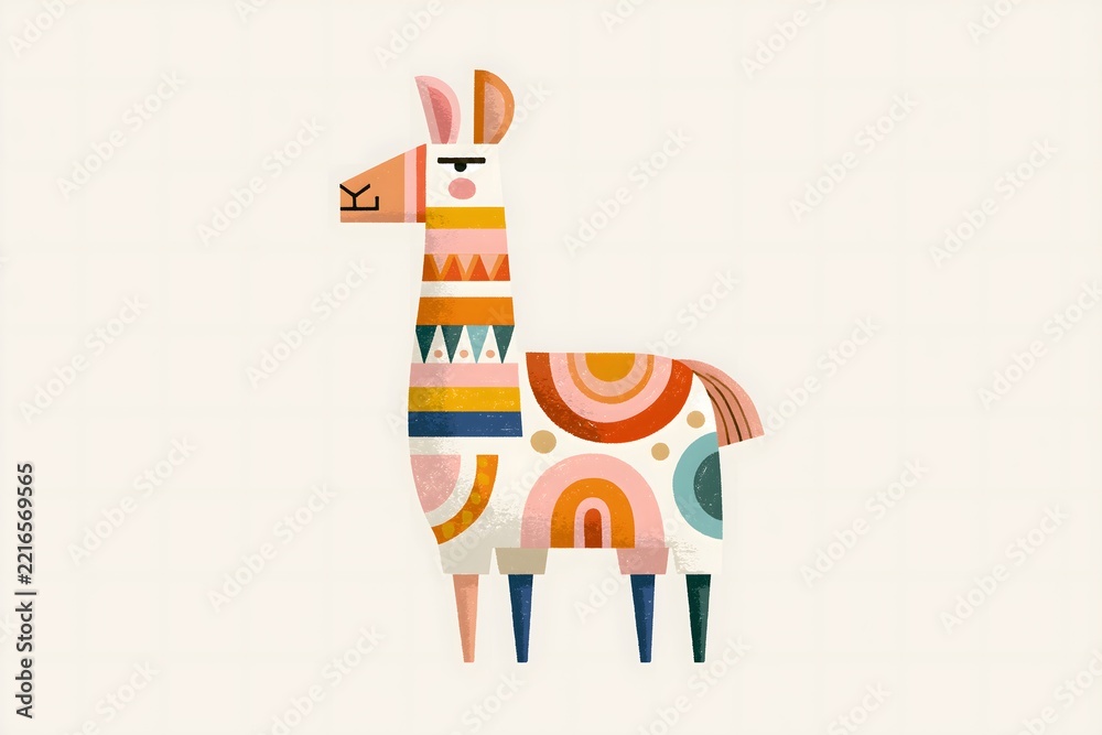 Fototapeta premium Whimsical folk art llama illustration with geometric saddle. Abstract geometric llama character graphic. Soft neutral folk art llama print. Vibrant folk pattern llama illustration